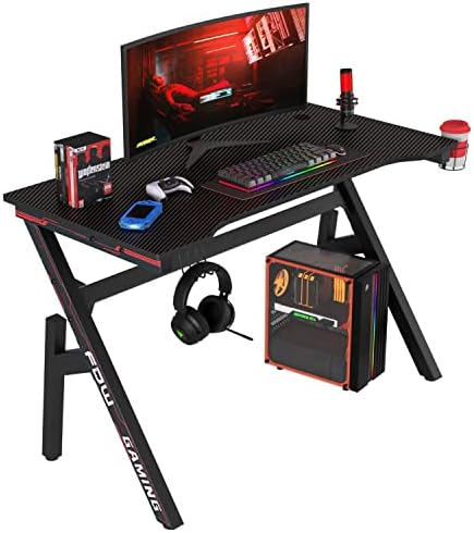 BestOffice   47 Gaming Desk   Red   Carbon Fiber Textured Computer Desk   Sturdy Steel Frame  Cup Holder  Headphone Hook  Cable Management Holes  Adjustable Leg Pads   for Gamers  Home  Office