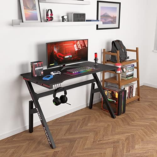 BestOffice   47 Gaming Desk   Red   Carbon Fiber Textured Computer Desk   Sturdy Steel Frame  Cup Holder  Headphone Hook  Cable Management Holes  Adjustable Leg Pads   for Gamers  Home  Office