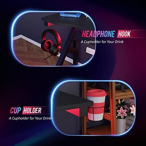 BestOffice   47 Gaming Desk   Red   Carbon Fiber Textured Computer Desk   Sturdy Steel Frame  Cup Holder  Headphone Hook  Cable Management Holes  Adjustable Leg Pads   for Gamers  Home  Office