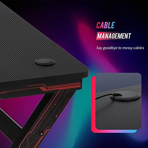 BestOffice   47 Gaming Desk   Red   Carbon Fiber Textured Computer Desk   Sturdy Steel Frame  Cup Holder  Headphone Hook  Cable Management Holes  Adjustable Leg Pads   for Gamers  Home  Office