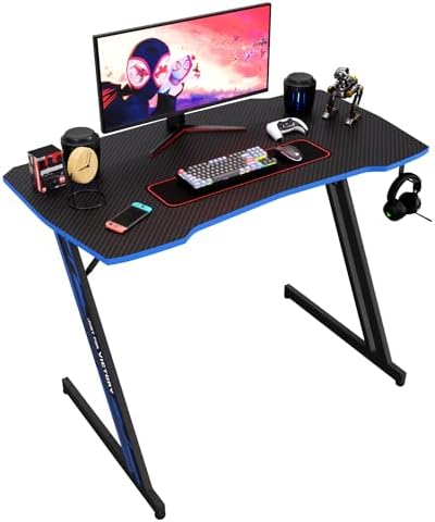 BestOffice   47 Gaming Desk   Red   Carbon Fiber Textured Computer Desk   Sturdy Steel Frame  Cup Holder  Headphone Hook  Cable Management Holes  Adjustable Leg Pads   for Gamers  Home  Office