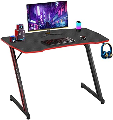 BestOffice   47 Gaming Desk   Red   Carbon Fiber Textured Computer Desk   Sturdy Steel Frame  Cup Holder  Headphone Hook  Cable Management Holes  Adjustable Leg Pads   for Gamers  Home  Office