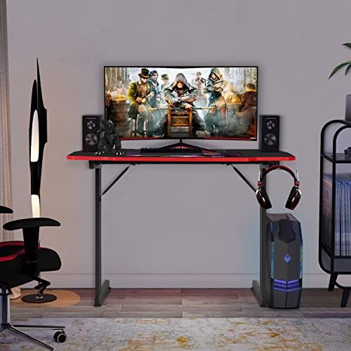 BestOffice   47 Gaming Desk   Red   Carbon Fiber Textured Computer Desk   Sturdy Steel Frame  Cup Holder  Headphone Hook  Cable Management Holes  Adjustable Leg Pads   for Gamers  Home  Office
