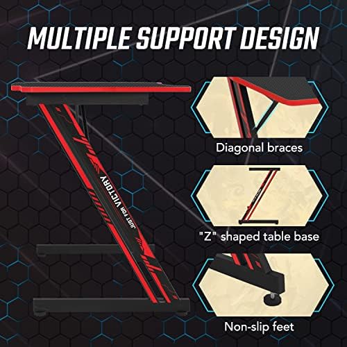 BestOffice   47 Gaming Desk   Red   Carbon Fiber Textured Computer Desk   Sturdy Steel Frame  Cup Holder  Headphone Hook  Cable Management Holes  Adjustable Leg Pads   for Gamers  Home  Office