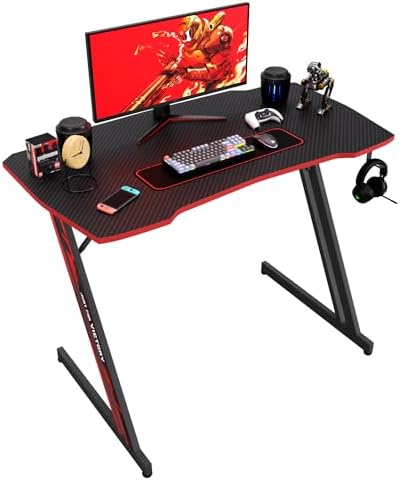 BestOffice   47 Gaming Desk   Red   Carbon Fiber Textured Computer Desk   Sturdy Steel Frame  Cup Holder  Headphone Hook  Cable Management Holes  Adjustable Leg Pads   for Gamers  Home  Office