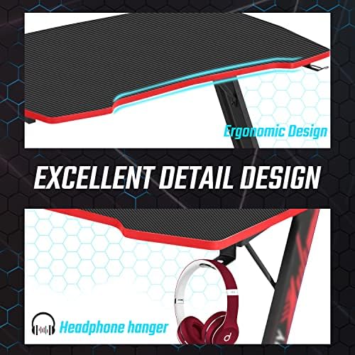 BestOffice   47 Gaming Desk   Red   Carbon Fiber Textured Computer Desk   Sturdy Steel Frame  Cup Holder  Headphone Hook  Cable Management Holes  Adjustable Leg Pads   for Gamers  Home  Office
