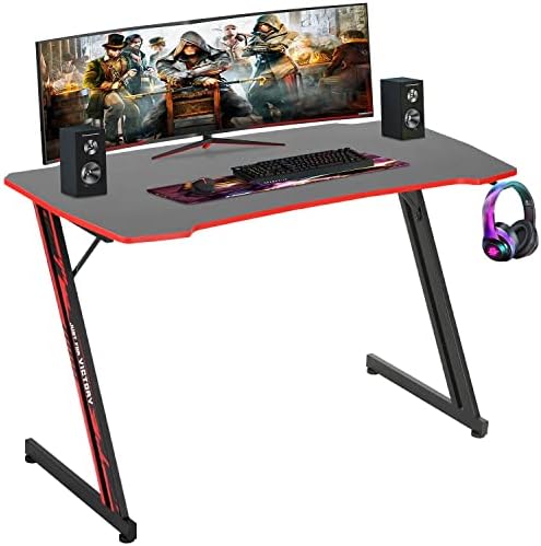 BestOffice   47 Gaming Desk   Red   Carbon Fiber Textured Computer Desk   Sturdy Steel Frame  Cup Holder  Headphone Hook  Cable Management Holes  Adjustable Leg Pads   for Gamers  Home  Office
