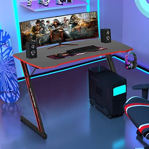 BestOffice   47 Gaming Desk   Red   Carbon Fiber Textured Computer Desk   Sturdy Steel Frame  Cup Holder  Headphone Hook  Cable Management Holes  Adjustable Leg Pads   for Gamers  Home  Office