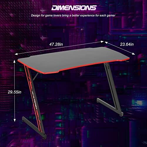 BestOffice   47 Gaming Desk   Red   Carbon Fiber Textured Computer Desk   Sturdy Steel Frame  Cup Holder  Headphone Hook  Cable Management Holes  Adjustable Leg Pads   for Gamers  Home  Office