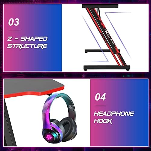 BestOffice   47 Gaming Desk   Red   Carbon Fiber Textured Computer Desk   Sturdy Steel Frame  Cup Holder  Headphone Hook  Cable Management Holes  Adjustable Leg Pads   for Gamers  Home  Office