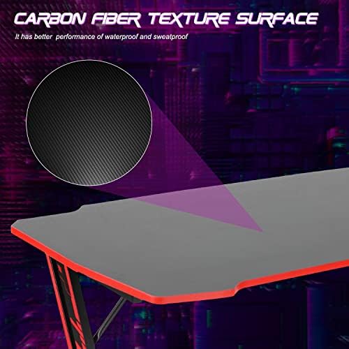 BestOffice   47 Gaming Desk   Red   Carbon Fiber Textured Computer Desk   Sturdy Steel Frame  Cup Holder  Headphone Hook  Cable Management Holes  Adjustable Leg Pads   for Gamers  Home  Office