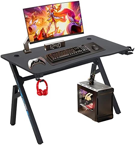 BestOffice   47 Gaming Desk   Red   Carbon Fiber Textured Computer Desk   Sturdy Steel Frame  Cup Holder  Headphone Hook  Cable Management Holes  Adjustable Leg Pads   for Gamers  Home  Office