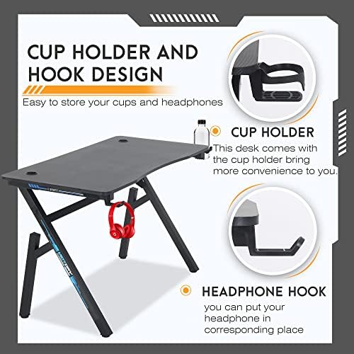 BestOffice   47 Gaming Desk   Red   Carbon Fiber Textured Computer Desk   Sturdy Steel Frame  Cup Holder  Headphone Hook  Cable Management Holes  Adjustable Leg Pads   for Gamers  Home  Office
