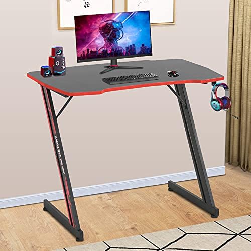 BestOffice   47 Gaming Desk   Red   Carbon Fiber Textured Computer Desk   Sturdy Steel Frame  Cup Holder  Headphone Hook  Cable Management Holes  Adjustable Leg Pads   for Gamers  Home  Office