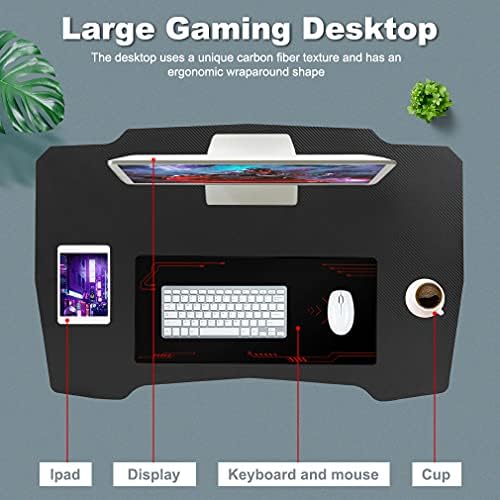BestOffice   47 Gaming Desk   Red   Carbon Fiber Textured Computer Desk   Sturdy Steel Frame  Cup Holder  Headphone Hook  Cable Management Holes  Adjustable Leg Pads   for Gamers  Home  Office