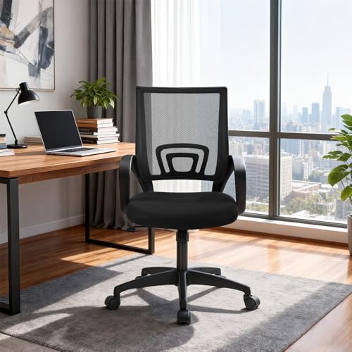 BestOffice   Ergonomic Office Chair   Mid Back Swivel Desk Chair   Breathable Backrest & Lumbar Support   Adjustable Height   Sponge Seat   Rolling Wheels   Dark Black   for Adults & Women