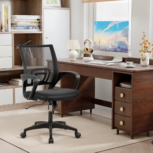 BestOffice   Ergonomic Office Chair   Mid Back Swivel Desk Chair   Breathable Backrest & Lumbar Support   Adjustable Height   Sponge Seat   Rolling Wheels   Dark Black   for Adults & Women