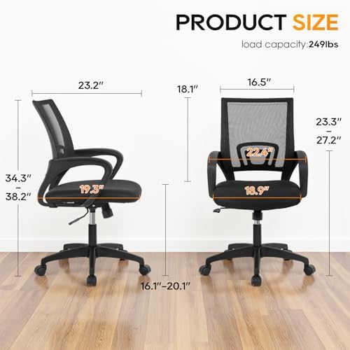 BestOffice   Ergonomic Office Chair   Mid Back Swivel Desk Chair   Breathable Backrest & Lumbar Support   Adjustable Height   Sponge Seat   Rolling Wheels   Dark Black   for Adults & Women