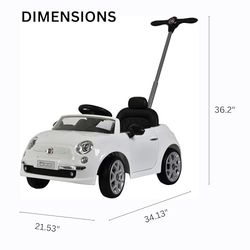 Best Ride On Cars Fiat 500 Push Car, con cochecito, reposapiés ajustable y asa, bocina, música, ruedas estables, para niños de 2 a 3 años, 37 x 19 x 12 pulgadas, grande, blanco