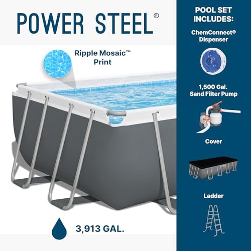 Bestway Power Steel 18 x 9 x 48  Above Ground Pool  Rectangular Metal Frame Outdoor Swimming Pool Set with Sand Filter Pump  Ladder  and Cover