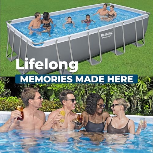 Bestway Power Steel 18 x 9 x 48  Above Ground Pool  Rectangular Metal Frame Outdoor Swimming Pool Set with Sand Filter Pump  Ladder  and Cover