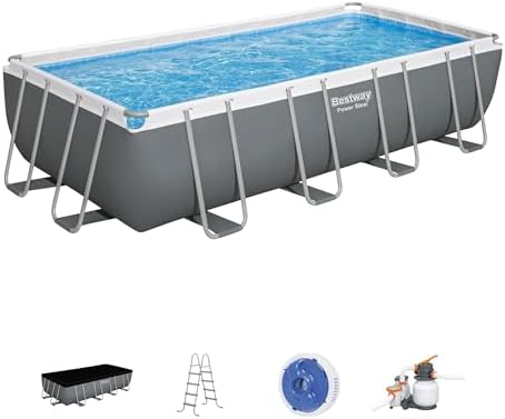 Bestway Power Steel 18 x 9 x 48  Above Ground Pool  Rectangular Metal Frame Outdoor Swimming Pool Set with Sand Filter Pump  Ladder  and Cover