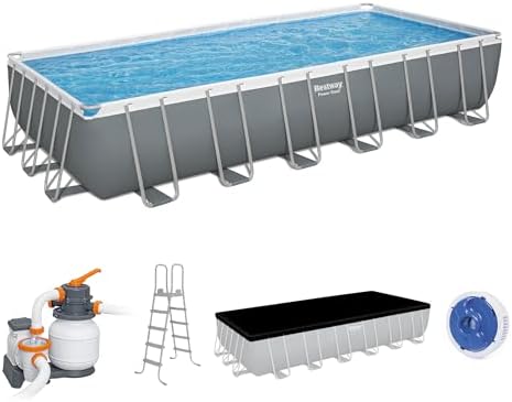 Bestway Power Steel 18 x 9 x 48  Above Ground Pool  Rectangular Metal Frame Outdoor Swimming Pool Set with Sand Filter Pump  Ladder  and Cover