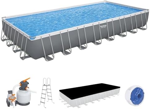 Bestway Power Steel 18 x 9 x 48  Above Ground Pool  Rectangular Metal Frame Outdoor Swimming Pool Set with Sand Filter Pump  Ladder  and Cover