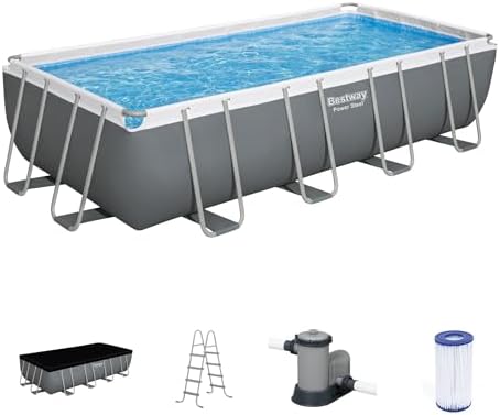 Bestway Power Steel 18 x 9 x 48  Above Ground Pool  Rectangular Metal Frame Outdoor Swimming Pool Set with Sand Filter Pump  Ladder  and Cover