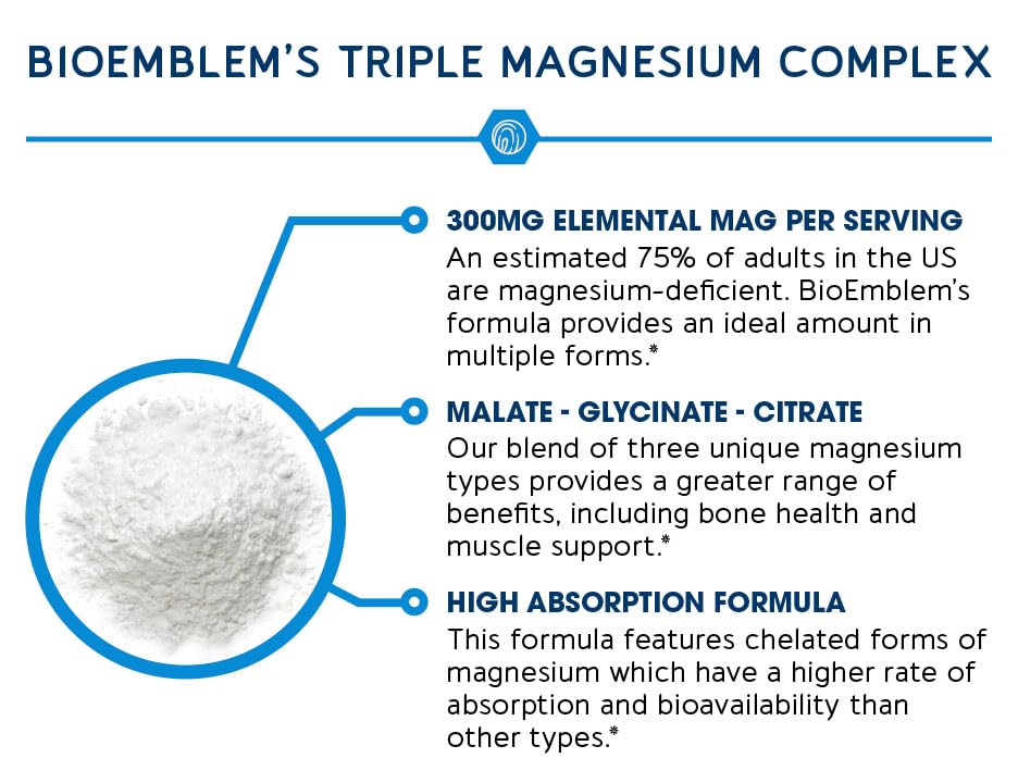 BioEmblem Triple Magnesium Complex   300mg of Magnesium Glycinate  Malate  & Citrate for Muscles  Nerves  & Energy   High Absorption   Vegan  Non GMO   90 Capsules