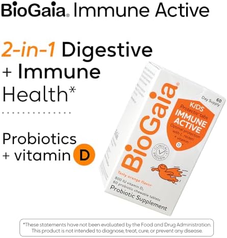 BioGaia Immune Active Kids   Probiotic   Vitamin D   for Digestive & Immune Health   Ages 3    Allergen  Dairy  Soy & Gluten Free   Trusted by Pediatricians   60 Day Supply   Orange Flavored Chewable