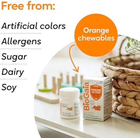 BioGaia Immune Active Kids   Probiotic   Vitamin D   for Digestive & Immune Health   Ages 3    Allergen  Dairy  Soy & Gluten Free   Trusted by Pediatricians   60 Day Supply   Orange Flavored Chewable