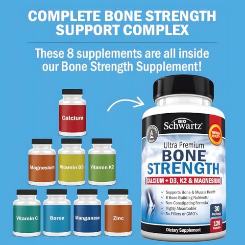 BioSchwartz Bone Strength Supplement   Gentle Non Constipating Bone Health Supplement for Women & Men with 9 in 1 Complex with Calcium Magnesium Zinc D3 K2 & More   3rd Party Tested   2 Months