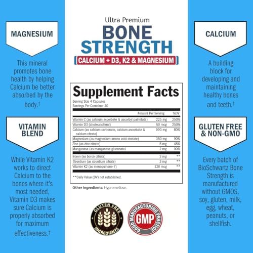BioSchwartz Bone Strength Supplement   Gentle Non Constipating Bone Health Supplement for Women & Men with 9 in 1 Complex with Calcium Magnesium Zinc D3 K2 & More   3rd Party Tested   2 Months