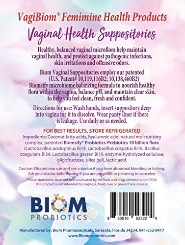 Biom Vaginal Probiotic Suppository  Natural Vaginal pH and Odor Control Regimen; Balance and Nourishes Vaginal Microbiome; No Parabens  Fragrance Free  30 