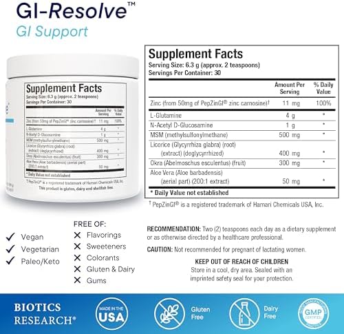 Biotics Research GI Resolve  Advanced L Glutamine Powder Formula for Gut Lining Support & Healing   Optimal Gastrointestinal Function   Premium 7 Ingredient with Zinc Carnosine & Botanicals  6 7oz