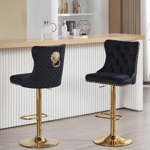 Black Bar Stools Set of 2 Velvet Swivel Kitchen Counter Chairs with Tufted High Back Modern Upholstered Gold Barstools with Lion Pull Ring/Golden Base for Dining Room/Home Bar/Kitchen  Black