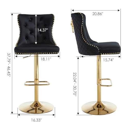 Black Bar Stools Set of 2 Velvet Swivel Kitchen Counter Chairs with Tufted High Back Modern Upholstered Gold Barstools with Lion Pull Ring/Golden Base for Dining Room/Home Bar/Kitchen  Black