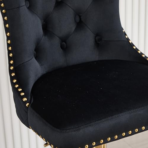 Black Bar Stools Set of 2 Velvet Swivel Kitchen Counter Chairs with Tufted High Back Modern Upholstered Gold Barstools with Lion Pull Ring/Golden Base for Dining Room/Home Bar/Kitchen  Black