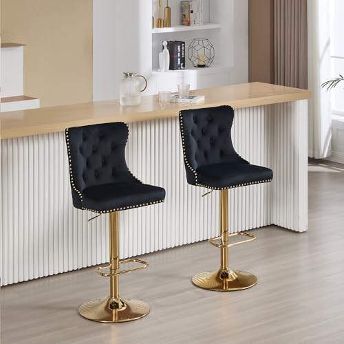 Black Bar Stools Set of 2 Velvet Swivel Kitchen Counter Chairs with Tufted High Back Modern Upholstered Gold Barstools with Lion Pull Ring/Golden Base for Dining Room/Home Bar/Kitchen  Black