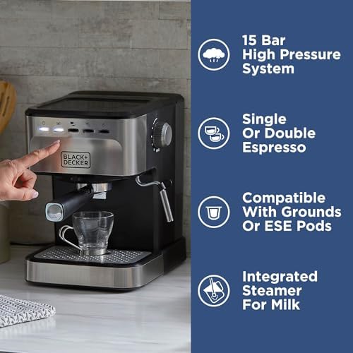 Black Decker Semi Automatic 15 Bar Espresso and Cappuccino Maker  Versatile Machine with Ability to use Grounds or ESE Pods to Make Your Perfect Cup of Coffee