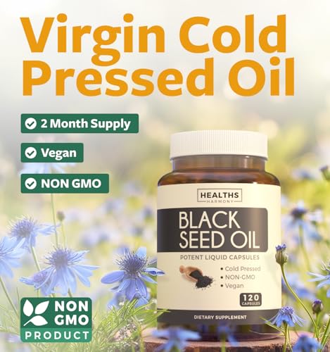 Black Seed Oil   120 Softgel Capsules Skin Health  Non GMO & Vegan  Cold Pressed Nigella Sativa Producing Pure Black Cumin Seed Oil with Vitamin E   500mg Each  1000mg Per 2 Capsule Serving