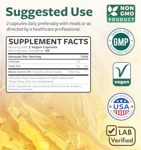 Black Seed Oil   120 Softgel Capsules Skin Health  Non GMO & Vegan  Cold Pressed Nigella Sativa Producing Pure Black Cumin Seed Oil with Vitamin E   500mg Each  1000mg Per 2 Capsule Serving