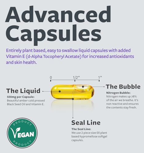 Black Seed Oil   120 Softgel Capsules Skin Health  Non GMO & Vegan  Cold Pressed Nigella Sativa Producing Pure Black Cumin Seed Oil with Vitamin E   500mg Each  1000mg Per 2 Capsule Serving