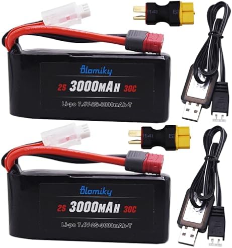 Blomiky 2 Pack 7 4V 2S 3000mAh Shorty T Plug Lipo Battery Pack with XT60 Converter and 2 Charger Cables Suitable for Wltoys 124019 144001 and Hyper Go H14BM 14211 14210 RC Trucks / 7 4V 3000mAh T