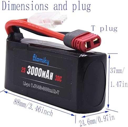 Blomiky 2 Pack 7 4V 2S 3000mAh Shorty T Plug Lipo Battery Pack with XT60 Converter and 2 Charger Cables Suitable for Wltoys 124019 144001 and Hyper Go H14BM 14211 14210 RC Trucks / 7 4V 3000mAh T
