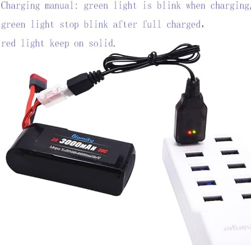 Blomiky 2 Pack 7 4V 2S 3000mAh Shorty T Plug Lipo Battery Pack with XT60 Converter and 2 Charger Cables Suitable for Wltoys 124019 144001 and Hyper Go H14BM 14211 14210 RC Trucks / 7 4V 3000mAh T