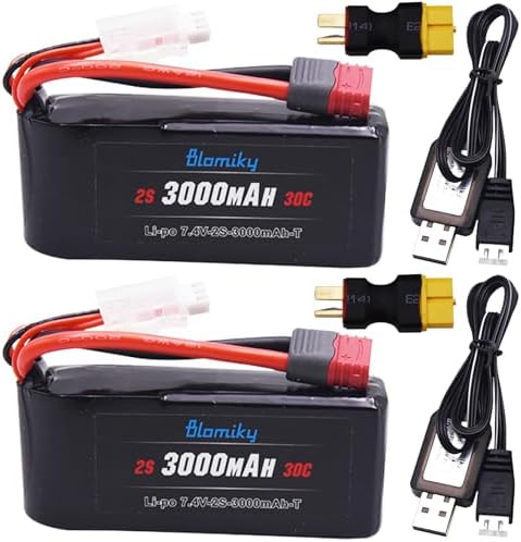 Blomiky 2 Pack 7 4V 2S 3000mAh Shorty T Plug Lipo Battery Pack with XT60 Converter and 2 Charger Cables Suitable for Wltoys 124019 144001 and Hyper Go H14BM 14211 14210 RC Trucks / 7 4V 3000mAh T