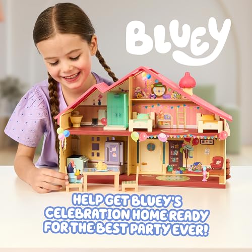 Bluey Celebration Home Playset  Portable Birthday Party Toy House with 11 Removable Accessories and 2 5  Figure  House Toys for Kids of Ages 3 