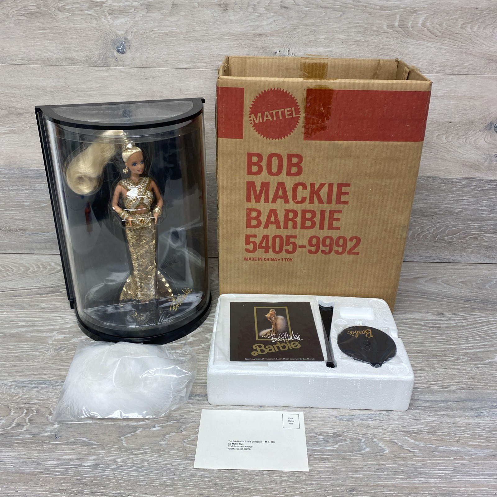 Bob Mackie Gold Barbie Doll 5405 Sequin Dress 1990 Display Case with Shipper